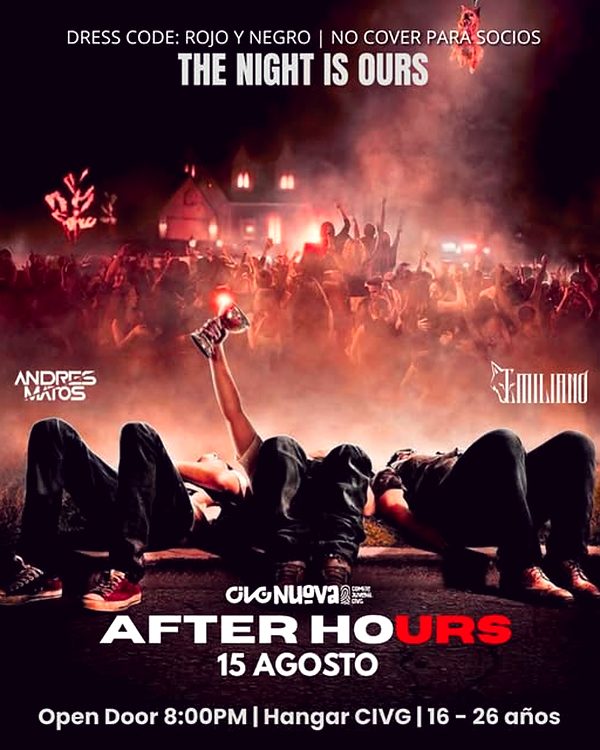 Flyer de After Hours en el Hangar CIVG